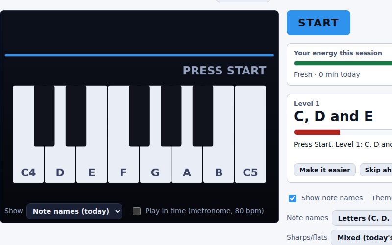 Band Coach's keyboard trainer: an on-screen keyboard with the note to play highlighted