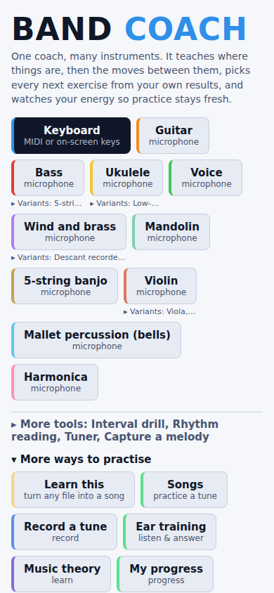 Band Coach on a 390 px wide phone: the instrument picker with More ways to practise open