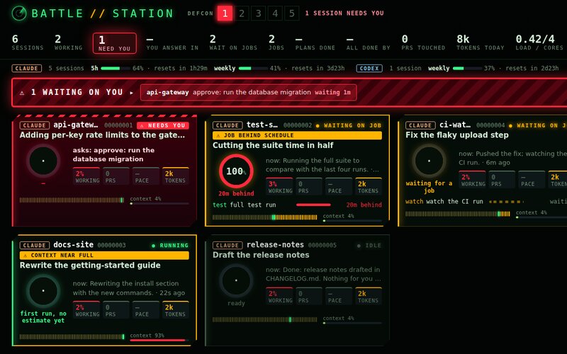 The bot-battle-station board with demo sessions, limits and one tile per session