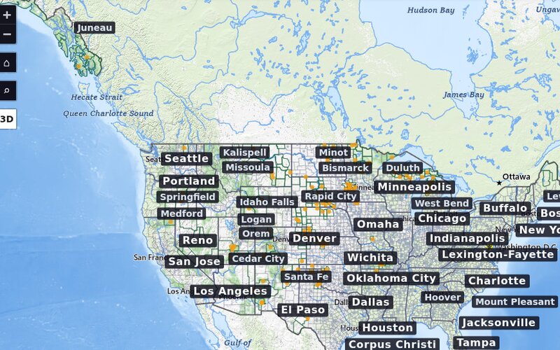 Quiet Corners' map of the United States with candidate towns marked and major cities labeled