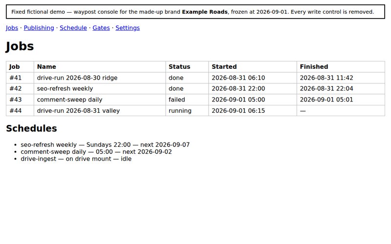 The Waypost demo console's Jobs page: a table of video, SEO and comment runs with their status, and the upcoming schedules